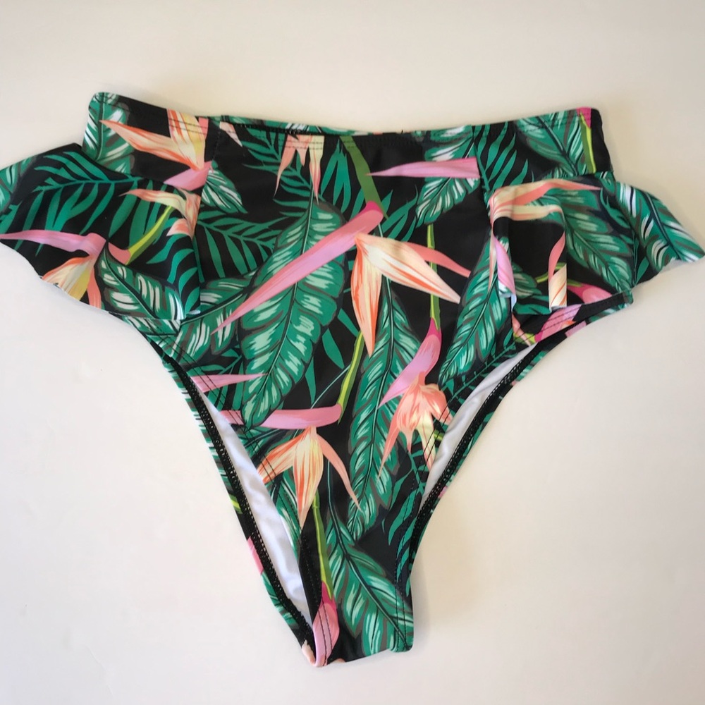 Tropical Print Side Ruffle Bikini Bottoms Size S